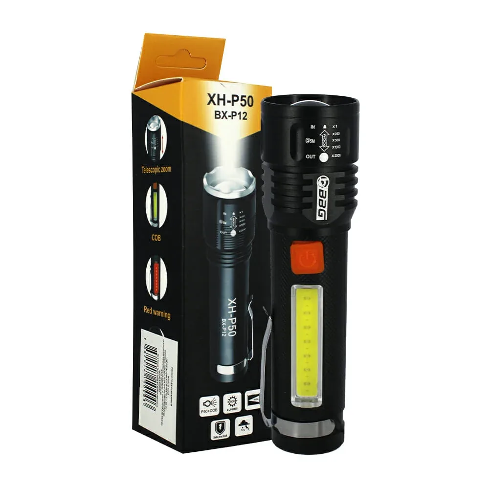 Linterna de mano recargable, con leds laterales y apertura variable