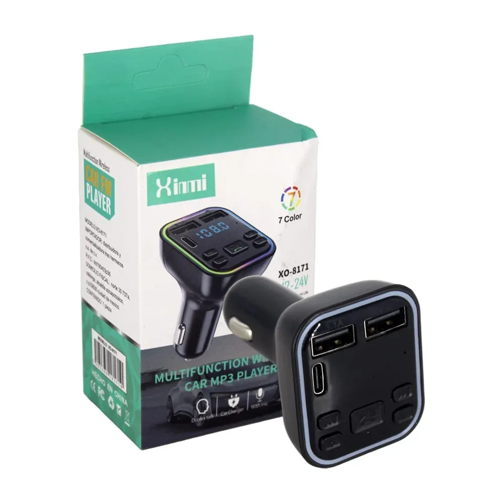 Transmisor bluetooth fm multifuncional para carro automóvil con pantalla digital, luz led rbg + 2 puertos usb y ranura para tf / xo-8171