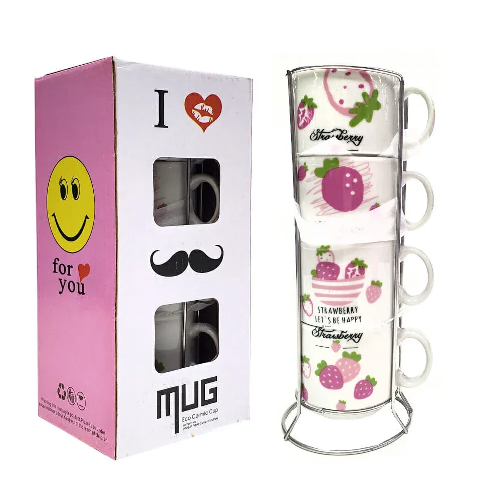 Caja con 4 tazas redondas chicas de cerámica, base soporte metálico y diseño de fresas strawberry