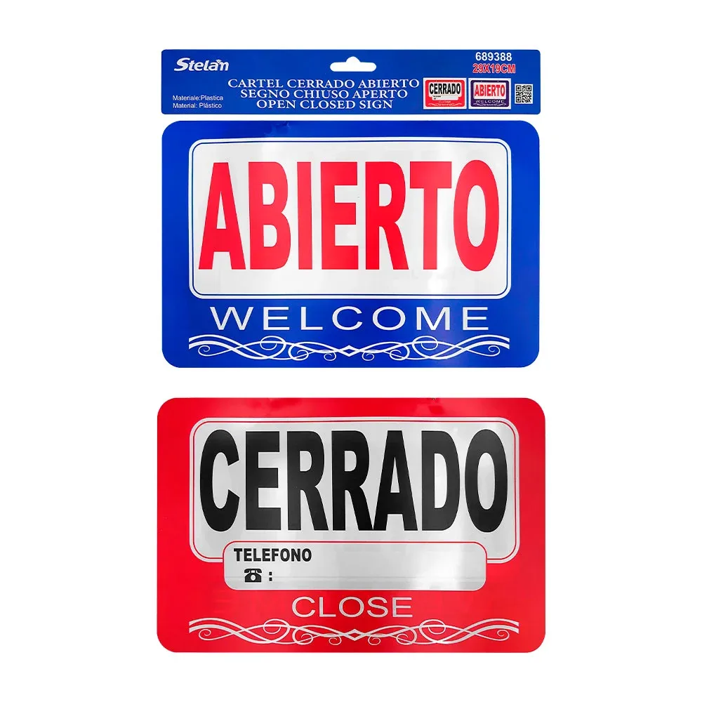 Letrero de plástico doble cara con frase de abierto o cerrado + cadena para colgar, 29x19cm