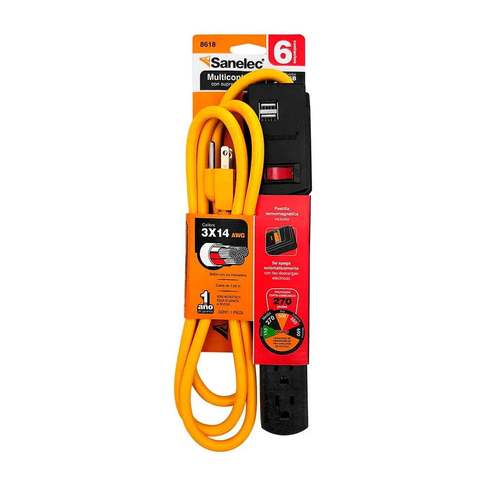 Barra multicontacto bicolor sanelec con 6 tomacorrientes, pastilla termomagnética, 2 entradas usb y suspensor de picos / 3x14 awg / 270 joules / 0224