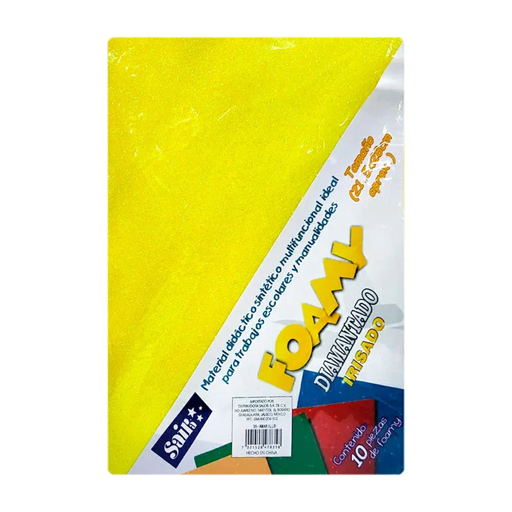 Paquete 10 pzas de foamy diamantado irisado tamaño carta en color amarillo, 21.5x28cm / 78358