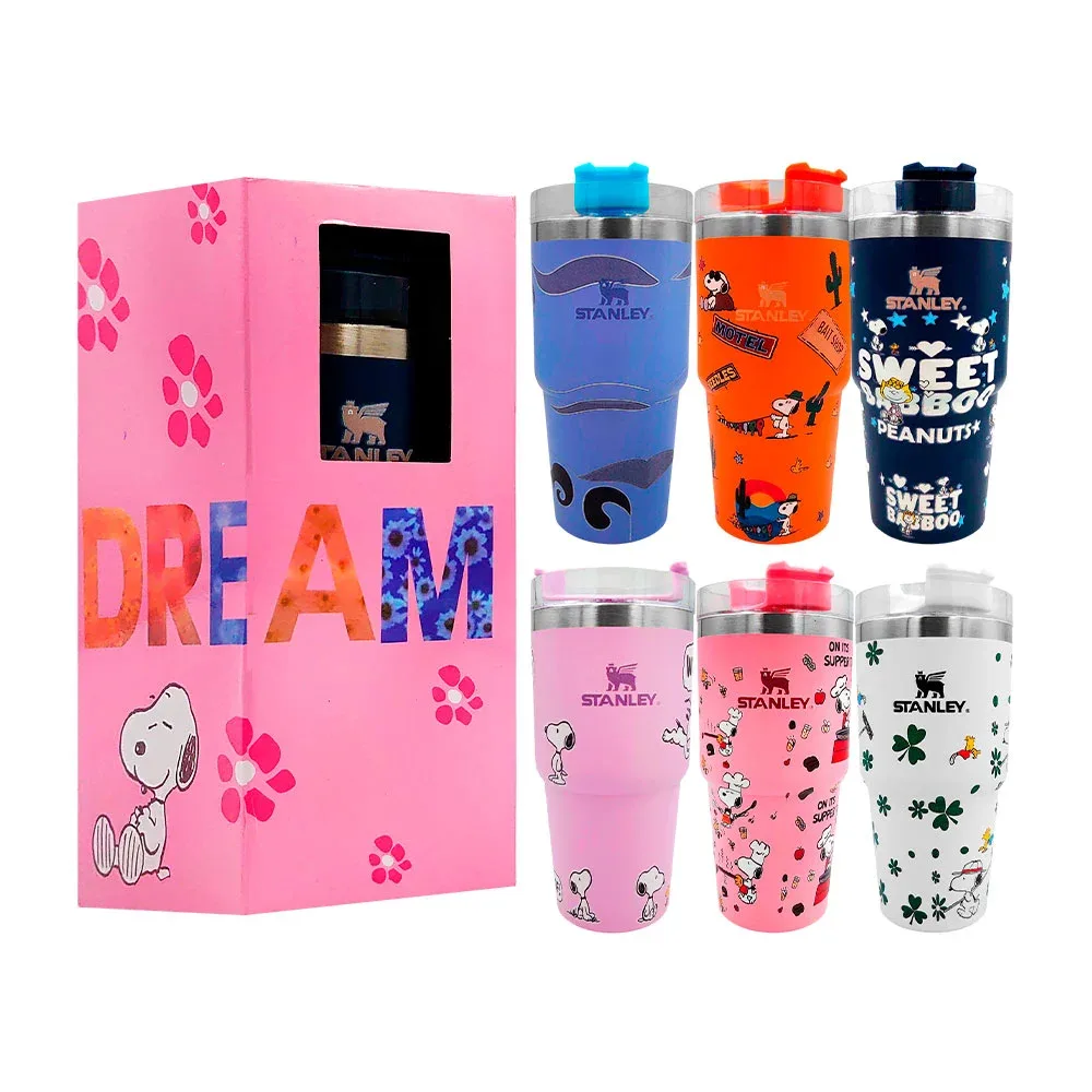 Termo de acero inoxidable 20oz con estampado de snoopy + tapa y popote, variedad
