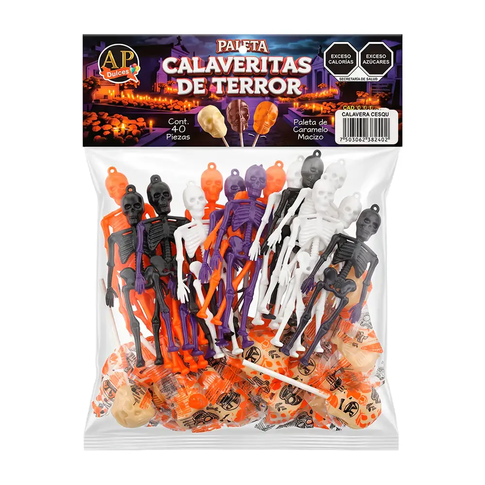 Paquete con paletas de caramelo en forma de calaveras y figuras de calavera, variedad