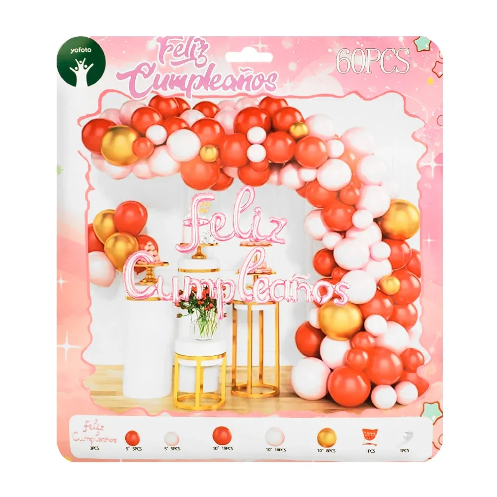 Paquete con 60 globos, rosas, rojos, dorados, y globo feliz cumpleaños metálico