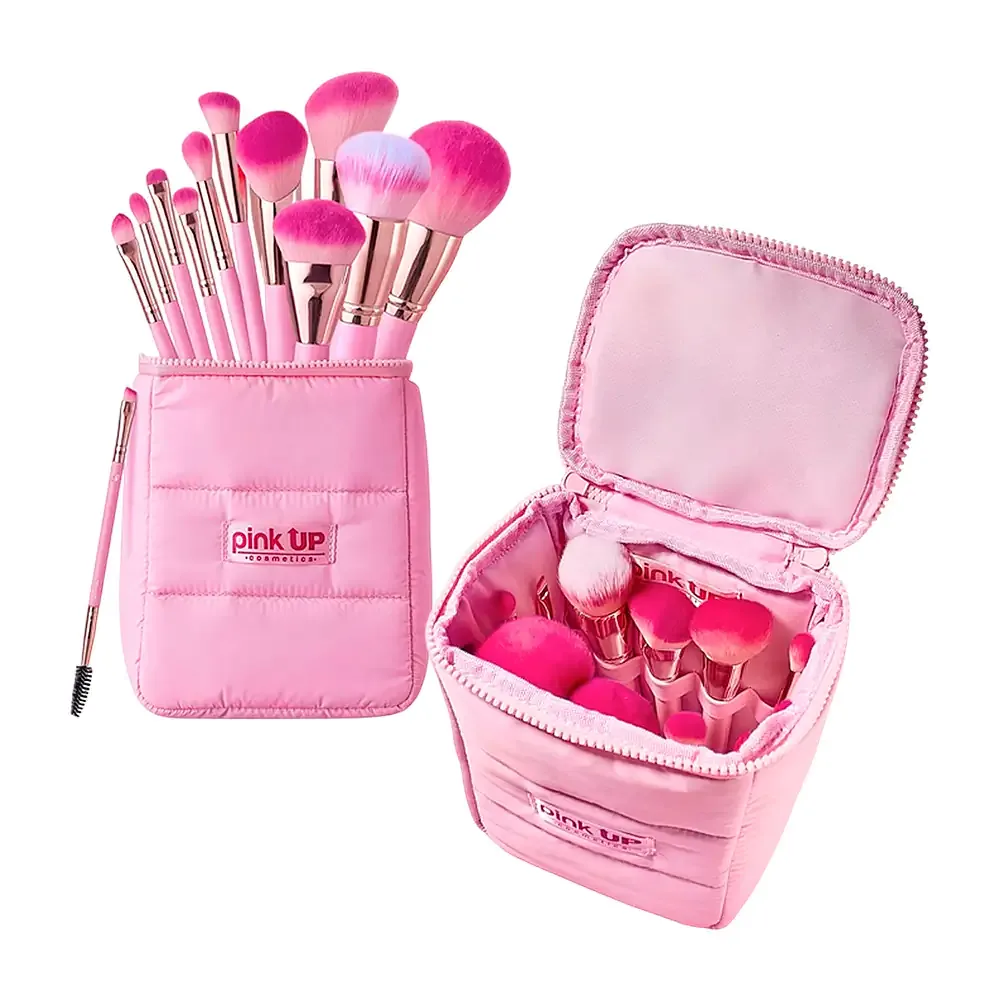 Bolsa cosmetiquera pink up acolchonada con 12 brochas aplicadoras, cerdas suaves