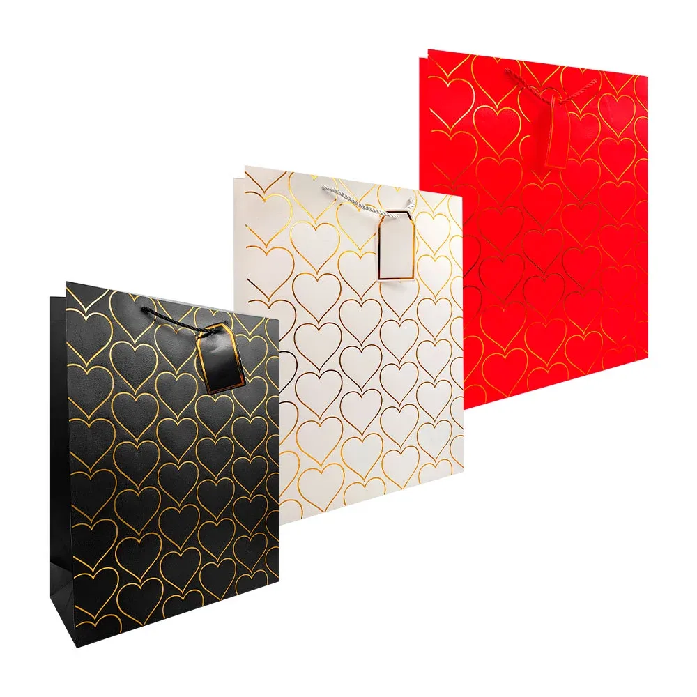 Bolsa de regalo 31x41x12cm, corazones metálicos con textura y etiqueta, variedad