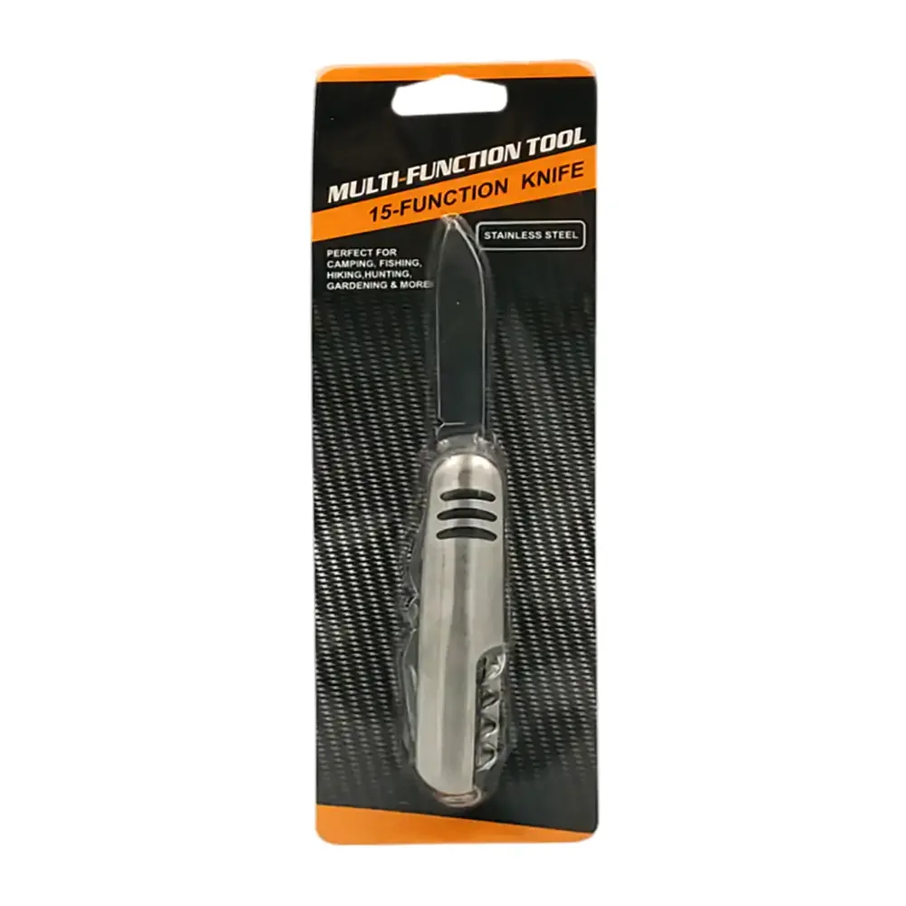 Blister con navaja suiza plegable de acero inoxidable con 15 herramientas integradas / zm23-0600