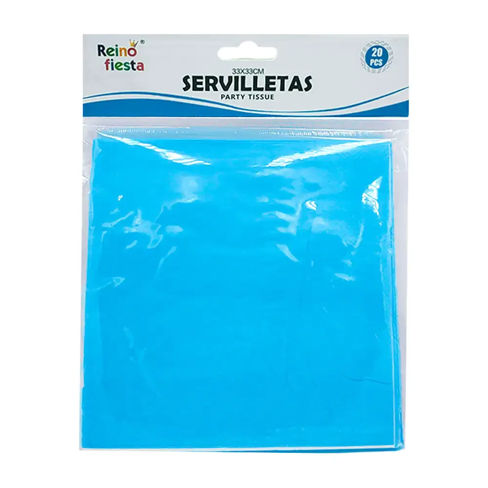 Paquete con 20 servilletas reino fiesta de 33x33cm en color azul y diseño liso