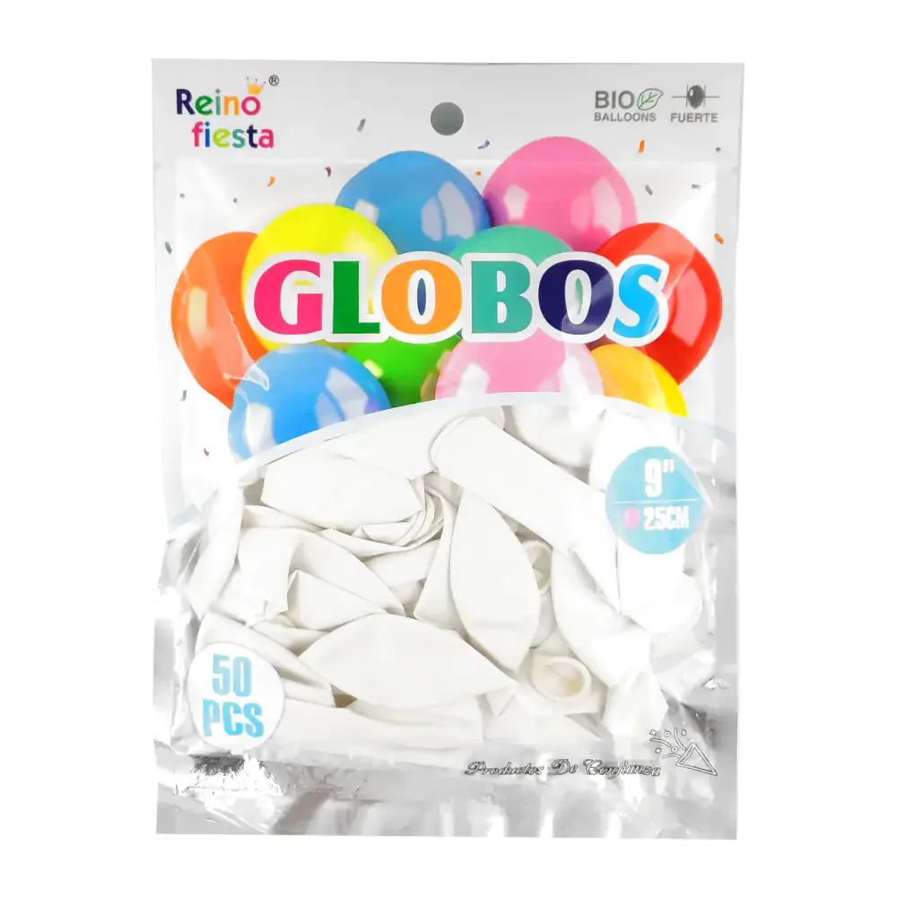Paquete reino fiesta con 50 globos de látex en color blanco de 9 pulgadas
