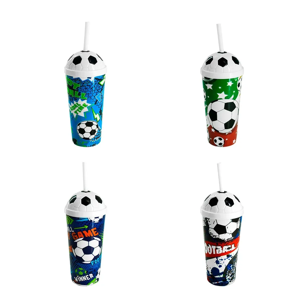 Vaso de plástico de 400ml y tapa diseño de balón + popote, variedad de colores