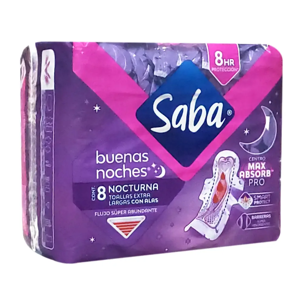 Paquete saba buenas noches flujo súper abundante, 8 toallas con alas / saba
