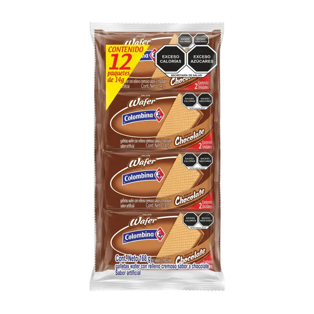 Paquete con 12pzas wafer colombina, galleta rellena sabor chocolate 168g / 002033