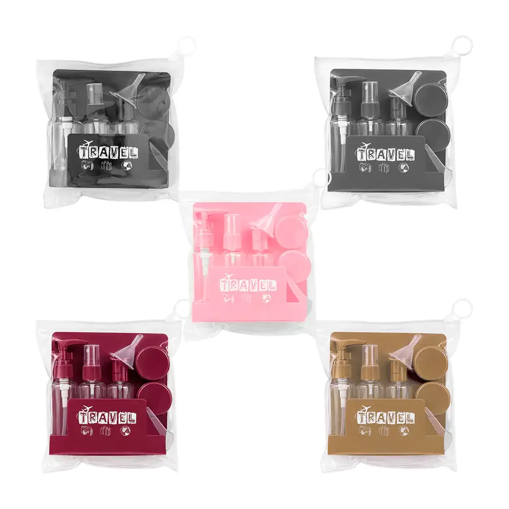Set de viaje con 4 botellas dispensadoras, 2 contenedores redondos + mini embudo