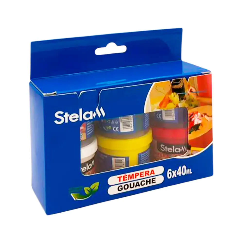 Paquete con 6 pinturas témpera de 40ml para uso escolar, variedad de colores