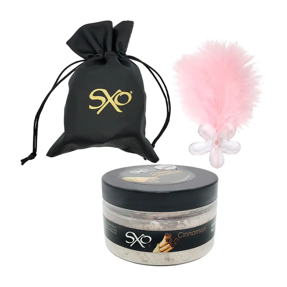 Talco comestible con glitter sabor y aroma a canela + mini pluma con flor