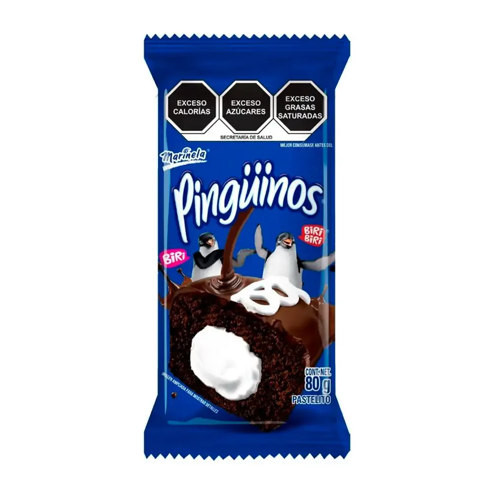 Pingüinos marinela, pastelito sabor chocolate con relleno cremoso, 80g / 153800