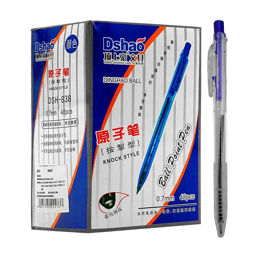 Caja con 48 plumas translucidas en color azul y 0.7mm + punta retráctil