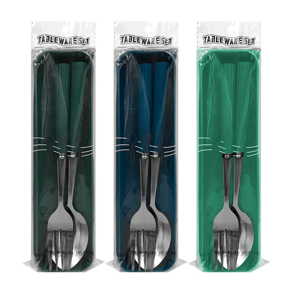 Set con 2 cubiertos largos, cuchara, tenedor con mango de plástico, variedad de colores