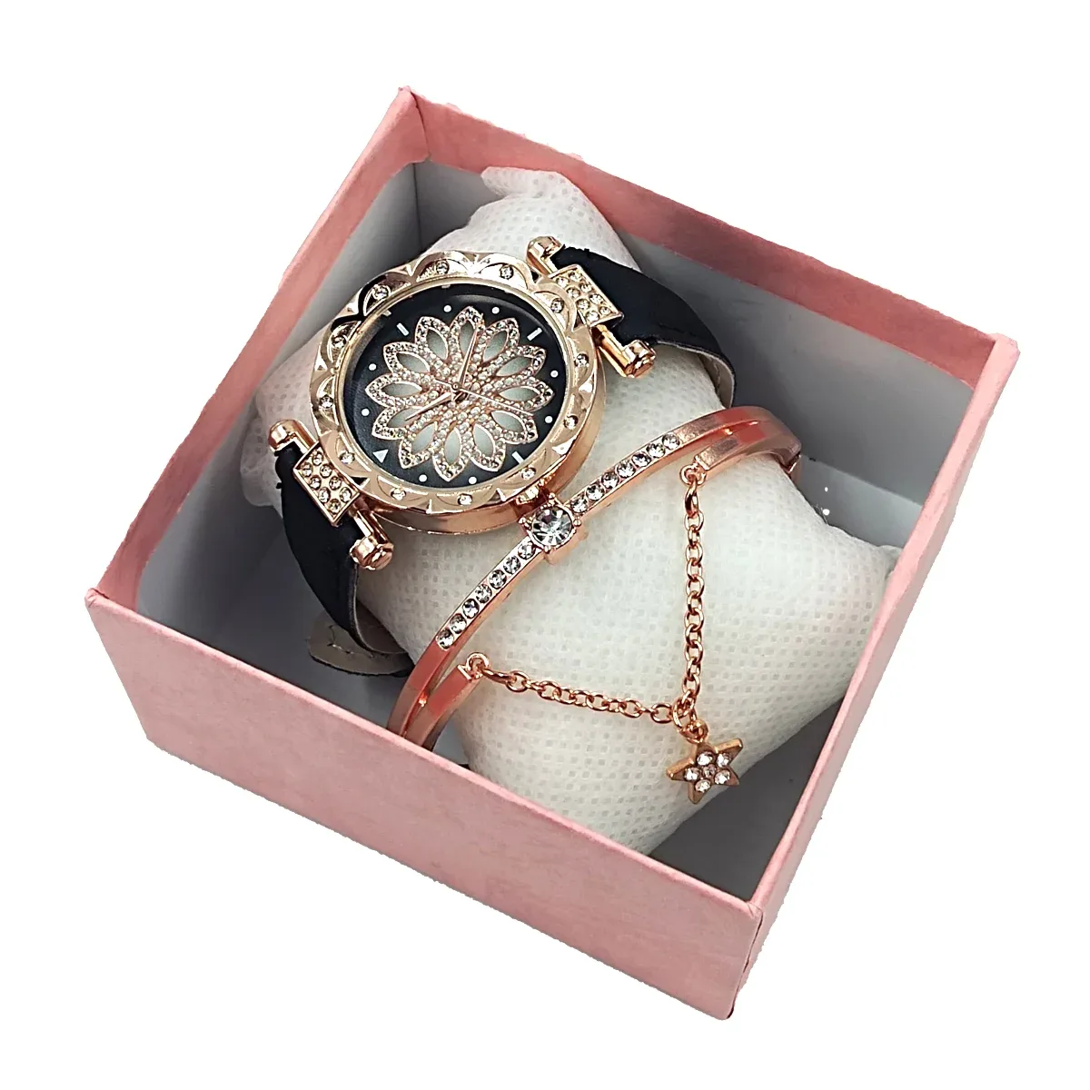 Estuche con reloj de mano con estampado de flor y pedrería + brazalete con decoración de pedrería y estrella para mujer / lu6874