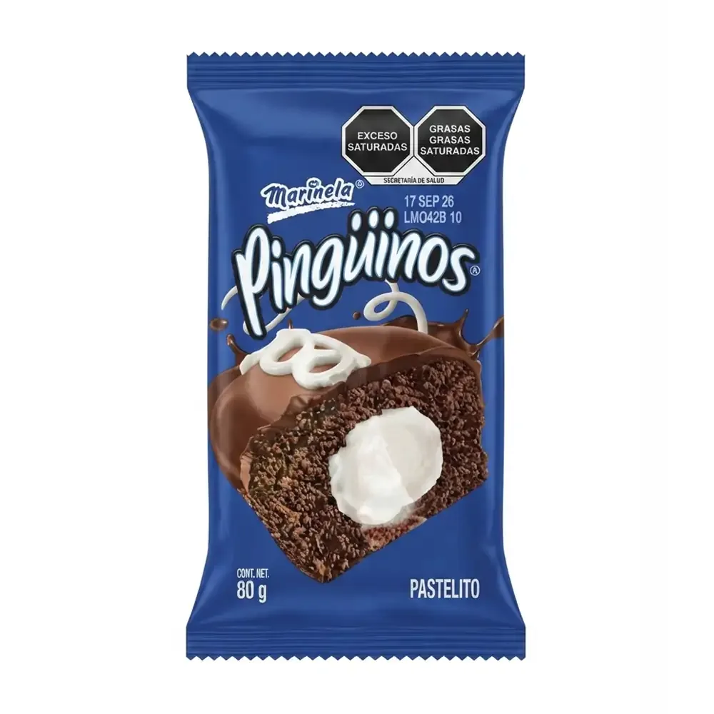 Pingüinos marinela, pastelito sabor chocolate con relleno cremoso, 80g / 153800