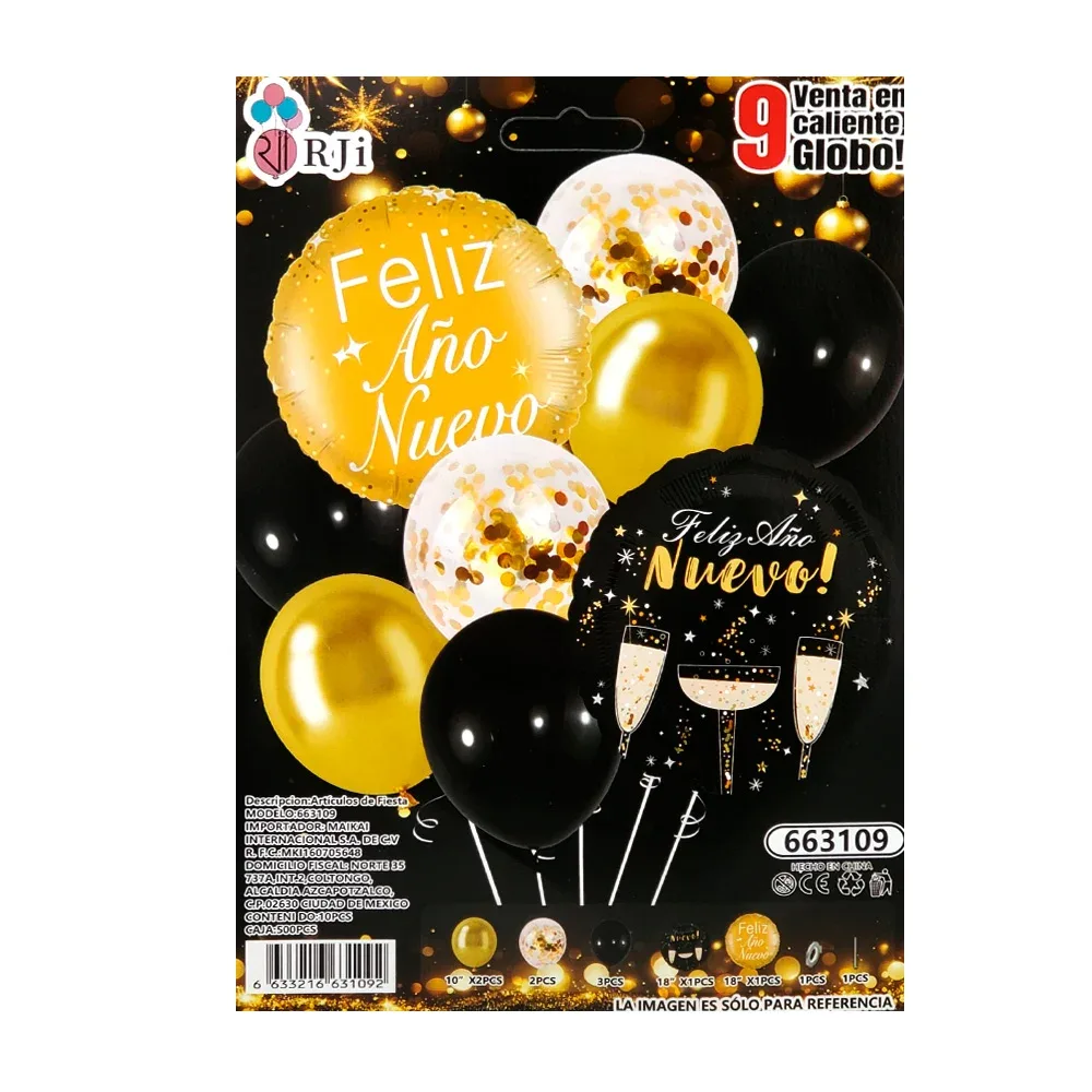 Set con 9 globos decorativos con temática de feliz año nuevo / 663109