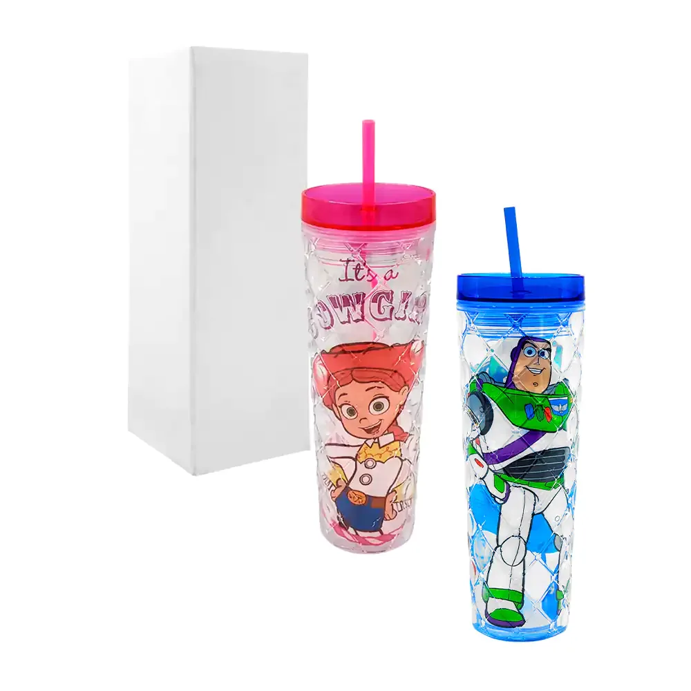 Vaso cilíndrico de acrílico con capacidad de 600ml, relieve de rombo y estampado de toy story