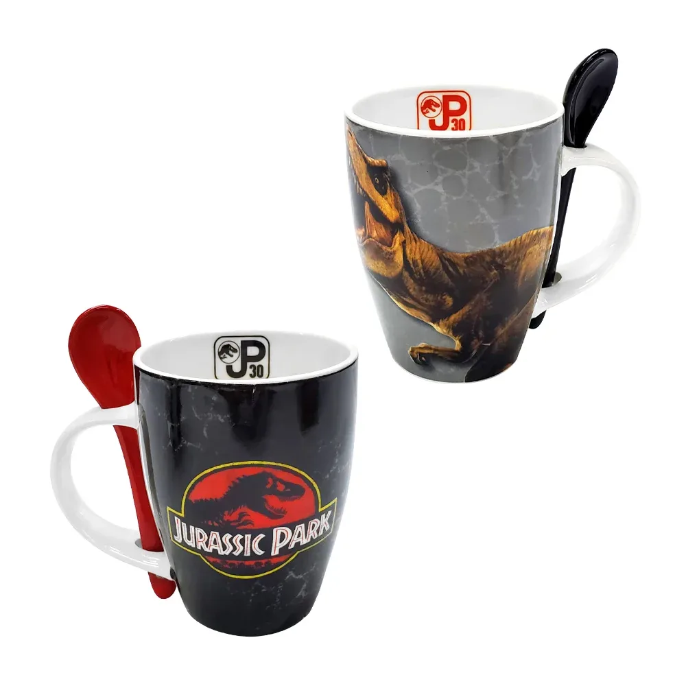 Juego de 2 tazas de porcelana con cucharas de cerámica y diseño de jurassic park con capacidad de 310ml / 1738-423