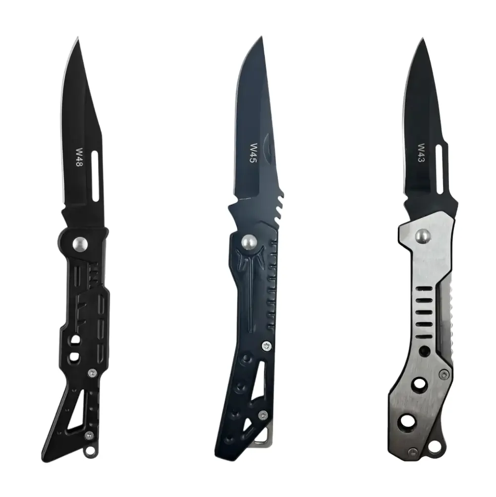 Navaja táctica de uso personal, cuchilla plegable mango plata y negro, variedad de diseños