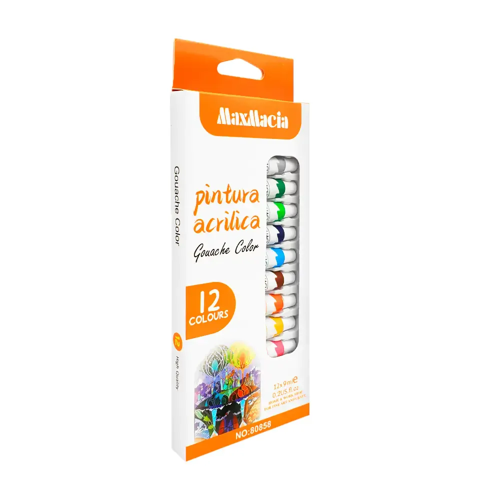 Paquete con 12 pinturas acrílicas gouache de colores, tubo de 9ml / 80858