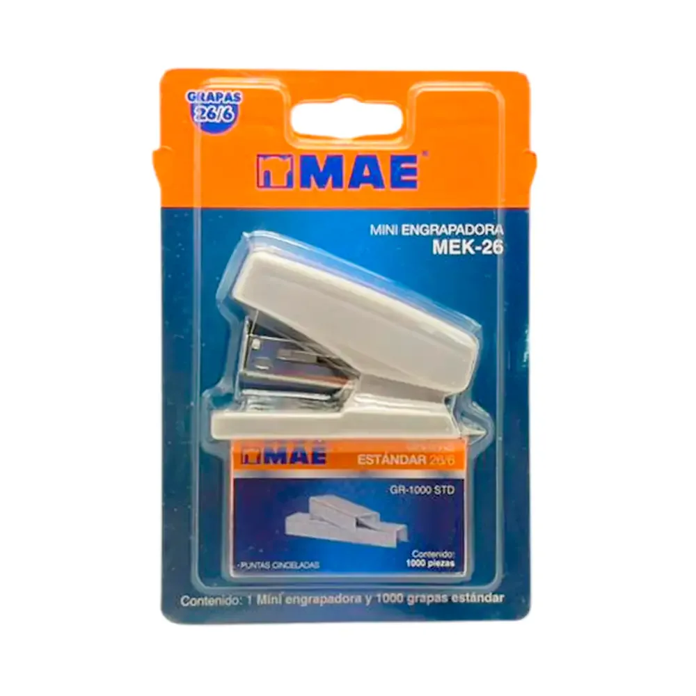 Blíster con engrapadora compacta y caja de 1000 grapas estándar 26/6 / mek-26