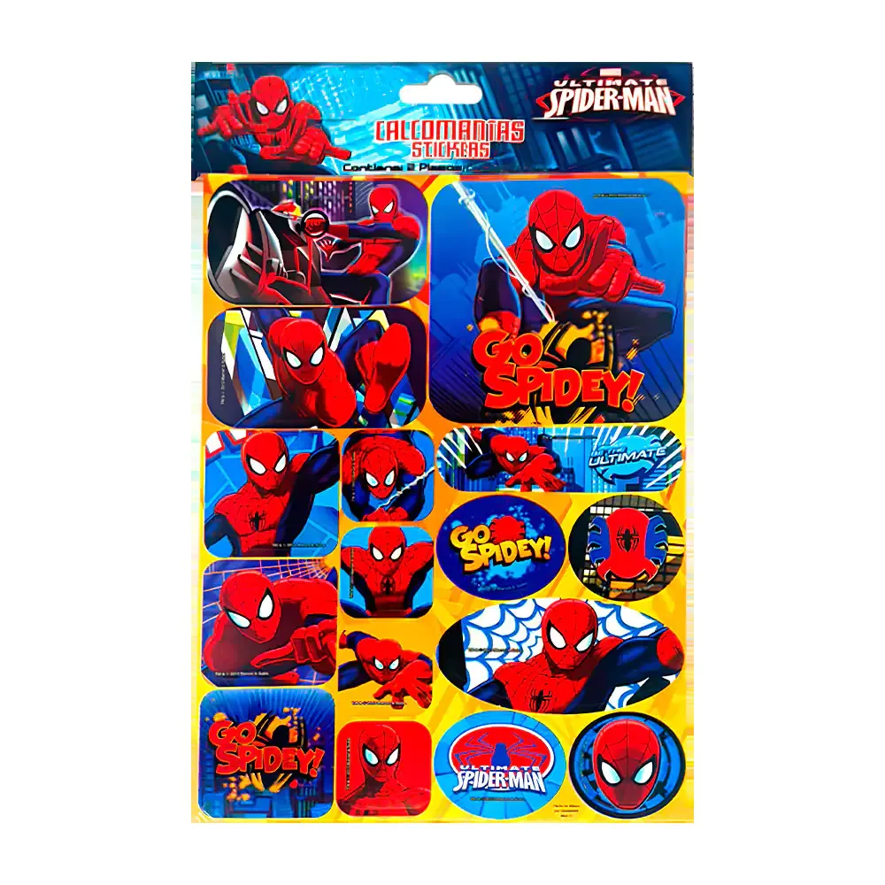 Blíster con 2 planillas de stickers escolares, estampado de spider man, variedad de formas