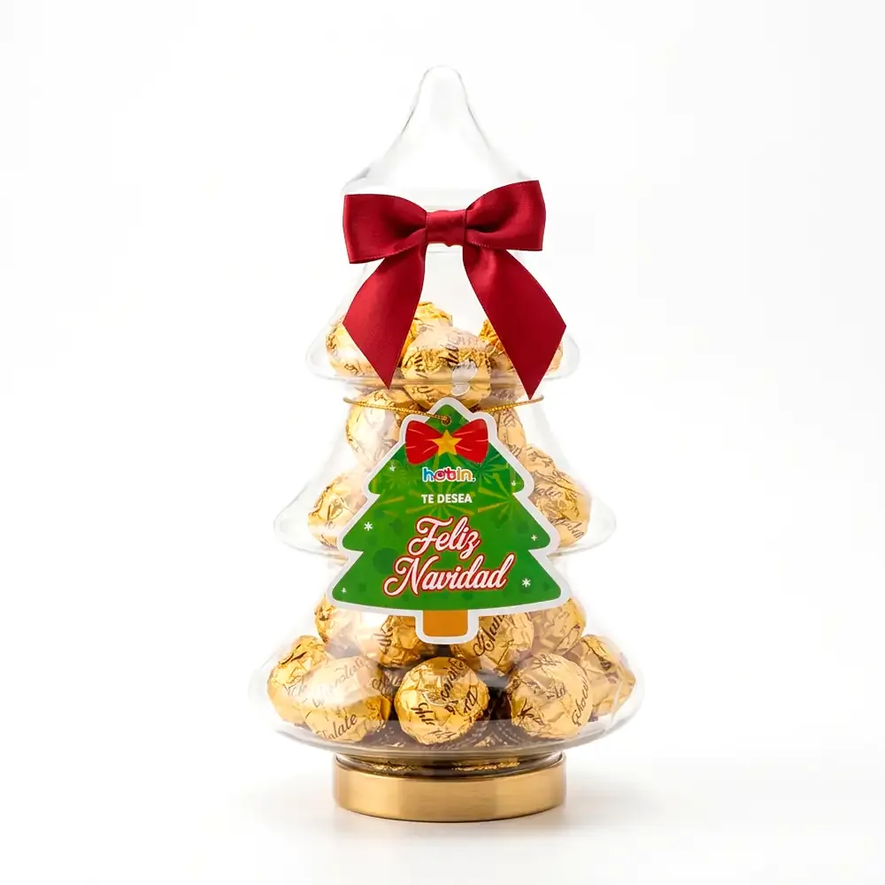 Frasco en forma de pino navideño con galletas de arroz inflado con relleno de chocolate, orodiamond