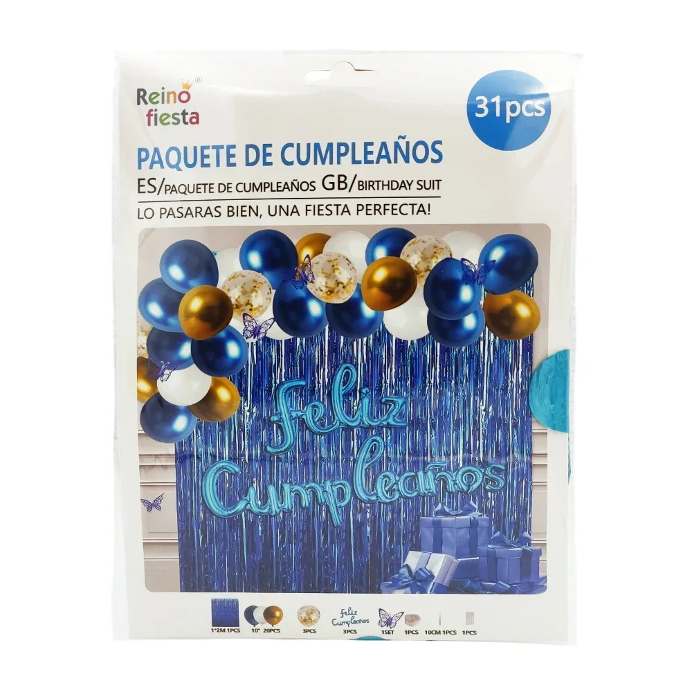 Paquete de cumpleaños cortina metálica, globos, figuras tonos metálicos, surtido