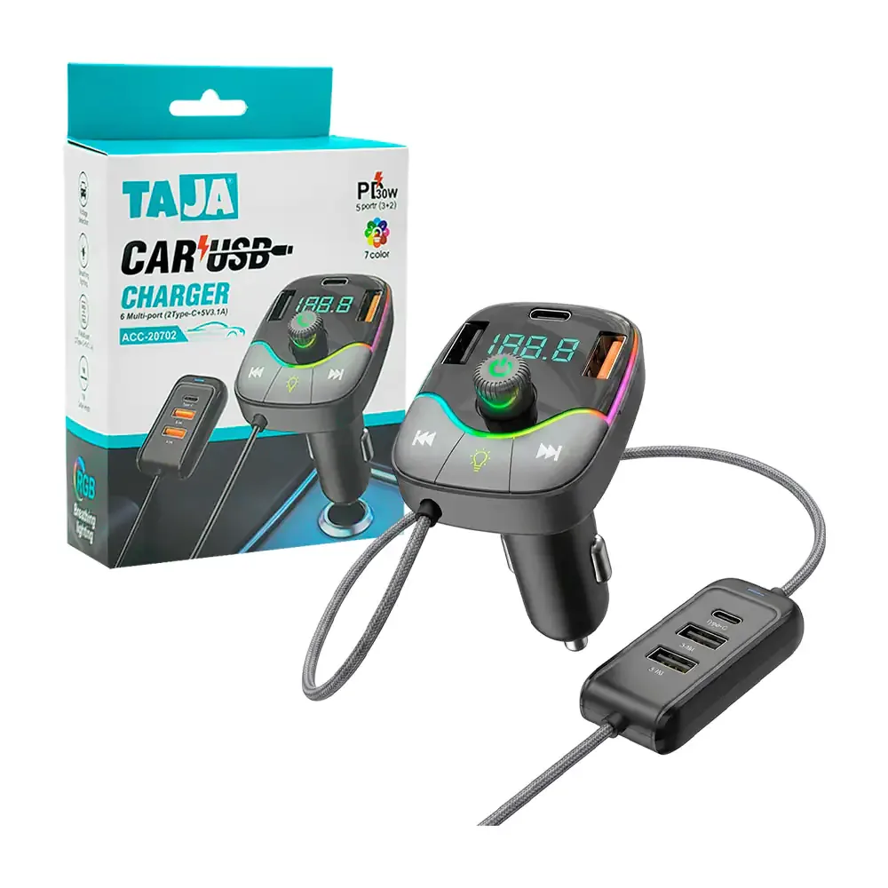 Plug cargador con radio fm, manos libres + hub extensor para cargar con luz rgb