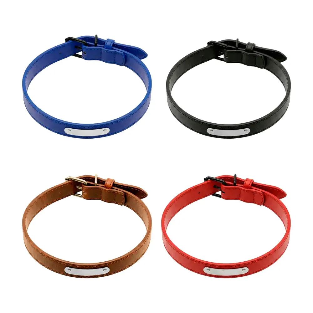Collar estilo fajo de piel sintética ajustable para mascota con placa plateada