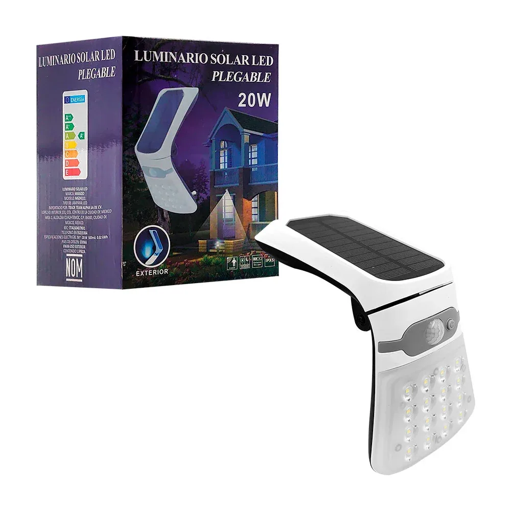 Lámpara plegable con panel solar de 20w, sensor de movimiento, ángulo 120 grados