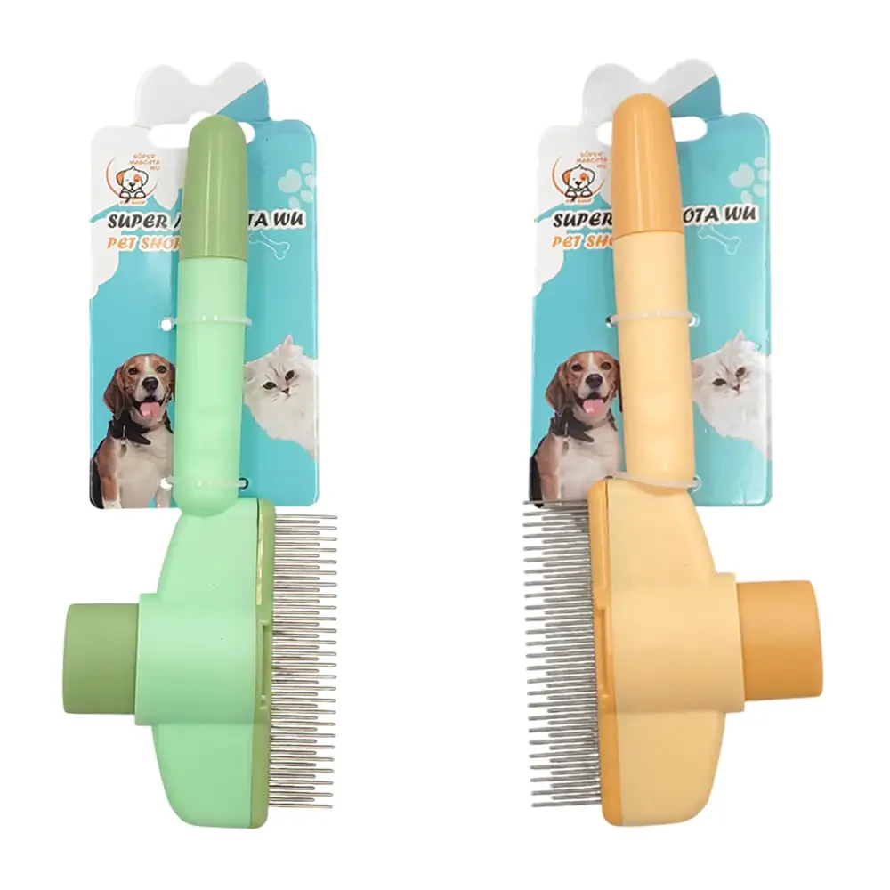 Cepillo vertical de plástico con cerdas metálicas y botón para remover el pelo