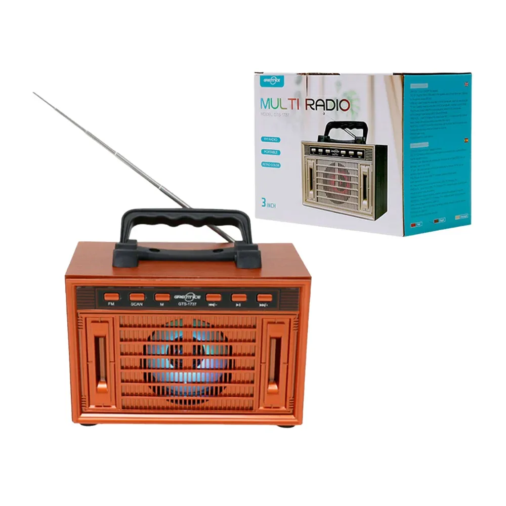Bocina bluetooth estilo radio portable, antena, fm radio, estilo vintage o retro, patrón de rectángulos / gts-1737