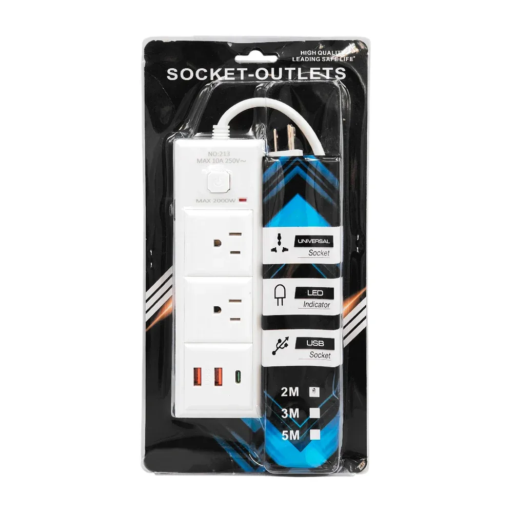Multicontacto con cable de 2 metros, 2 tomacorriente, 2 puerto usb y 1 usb-c