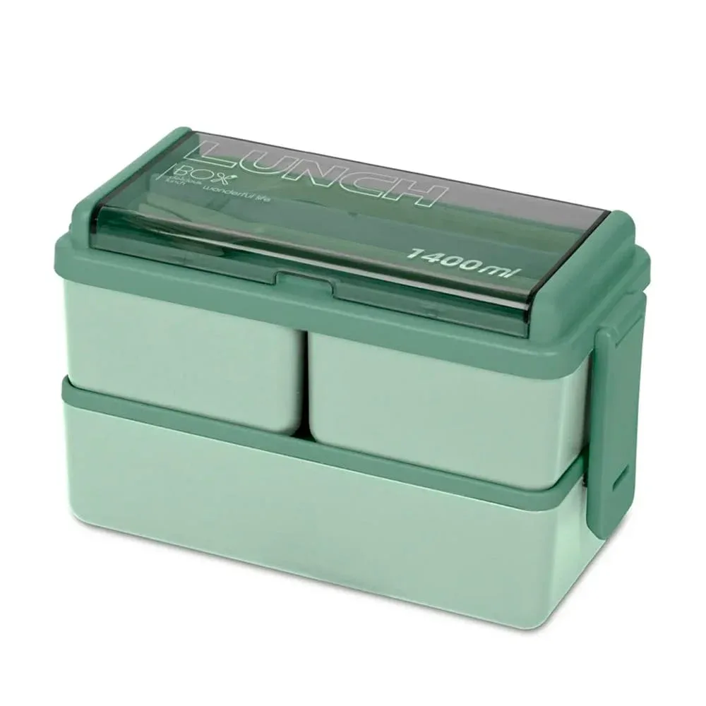 Tupper rectangular de 2 niveles con 3 compartimentos + cubiertos 1400ml, variedad de colores / lunch box