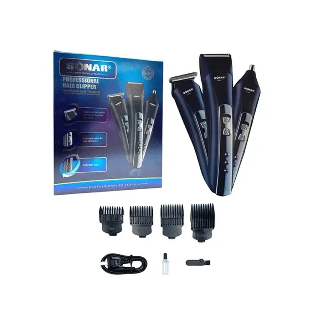 Rasuradora eléctrica sonar 3 en 1 recargable para cabello, barba y nariz, con 4 peinetas intercambiables / el-102 / sn-6015