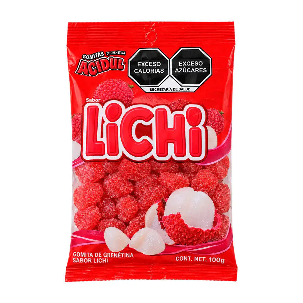 Bolsa de gomitas acidul sabor lichi espolvoreadas con azúcar, 100g / li100