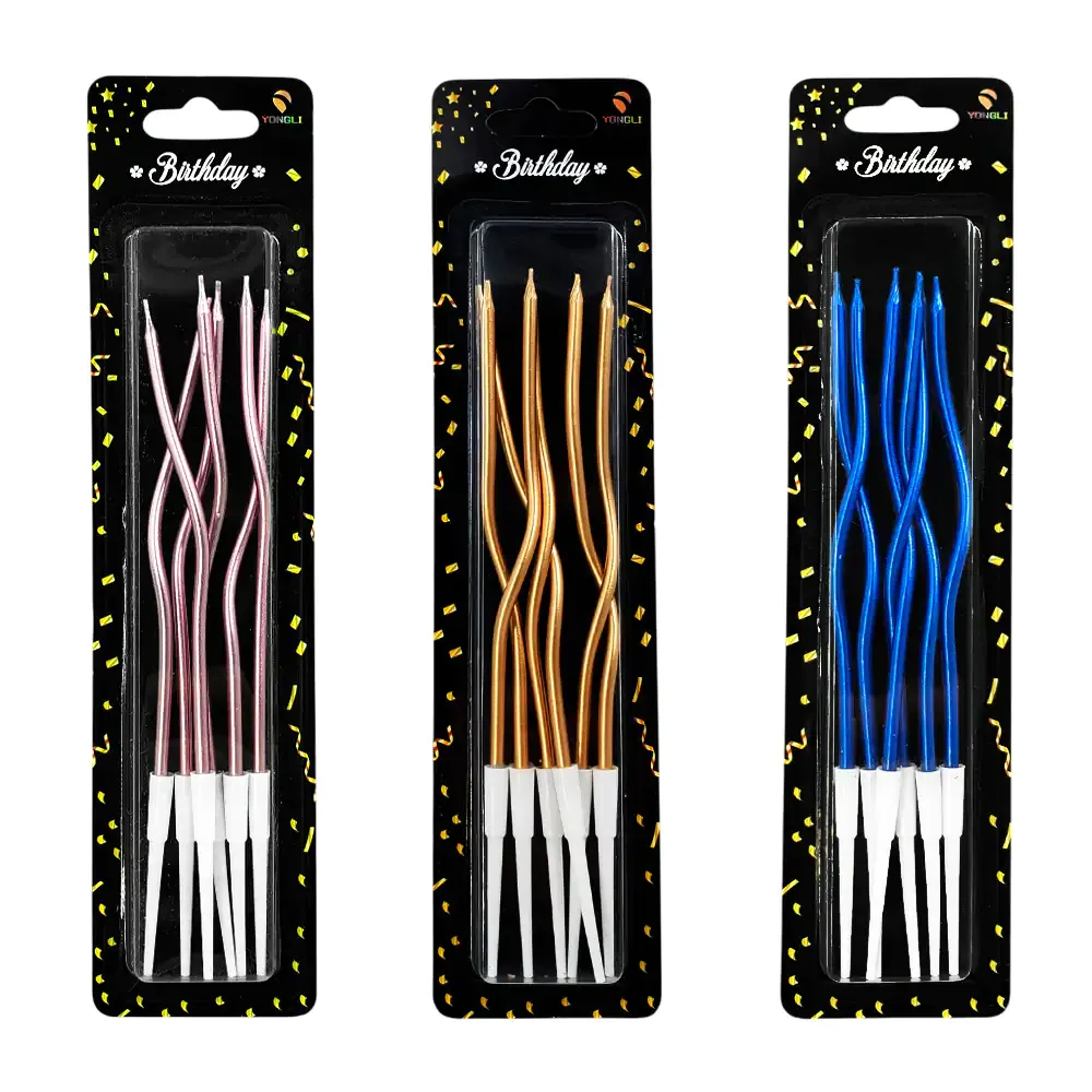 Paquete de 6 velas alargadas en espiral torcidas con base de plástico, variedad de colores metálicos / party birthday / 913902