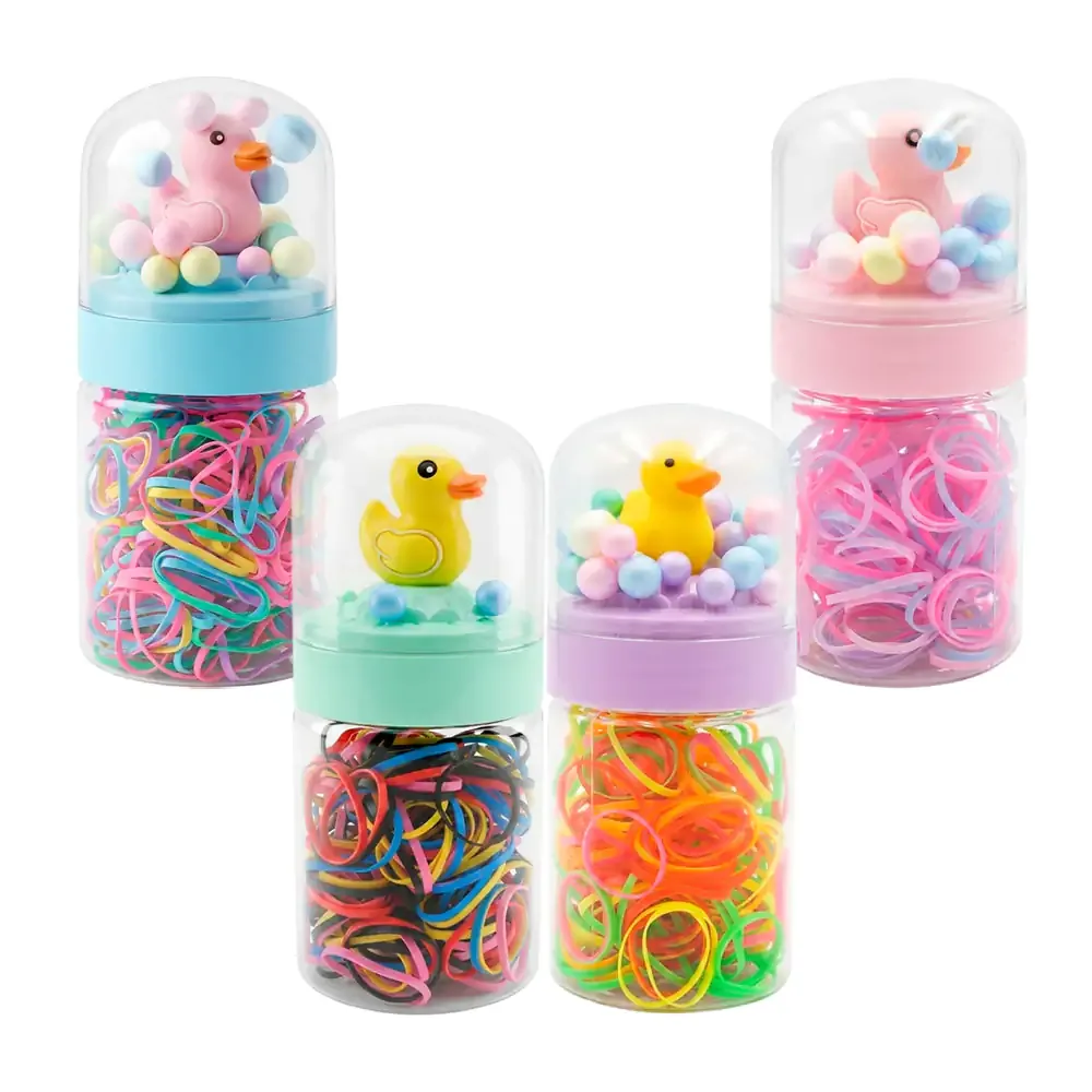 Bote transparente con ligas de látex + decoración de patito y mini bolitas