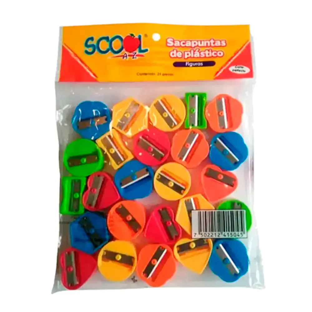 Paquete scool a-z de 25 sacapuntas con diseño de figuras, variedad de colores y modelos