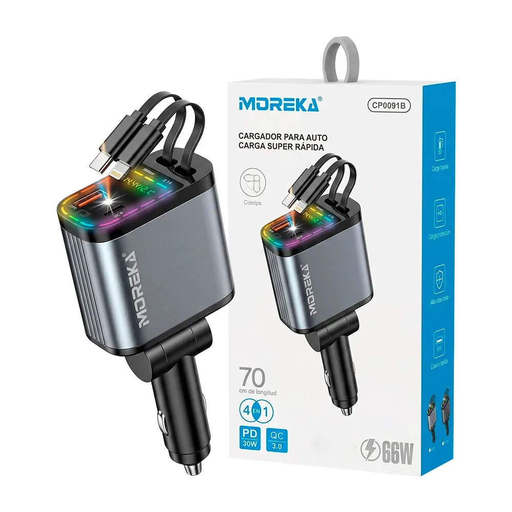 Cargador plug para auto 4 en 1 con 66w de potencia, multiples puertos / cp0091b
