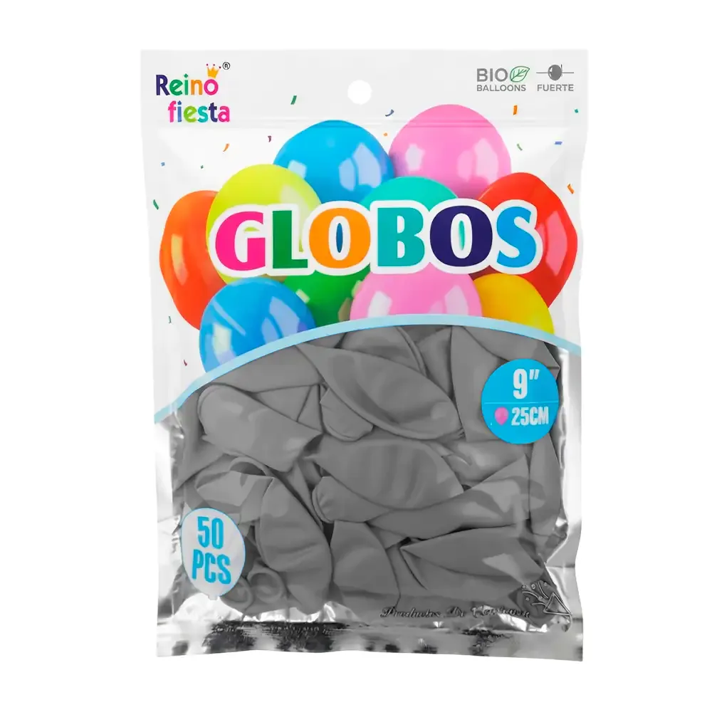 Paquete reino fiesta con 50 globos de látex en color gris de 9 pulgadas