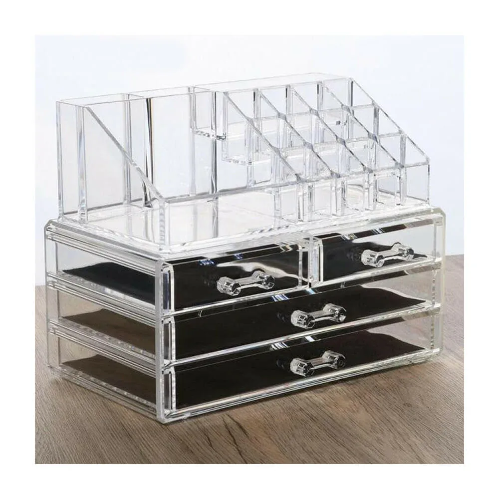Organizador transparente desmontable de plástico con 4 cajones y 16 compartimentos para cosméticos / 8804-2