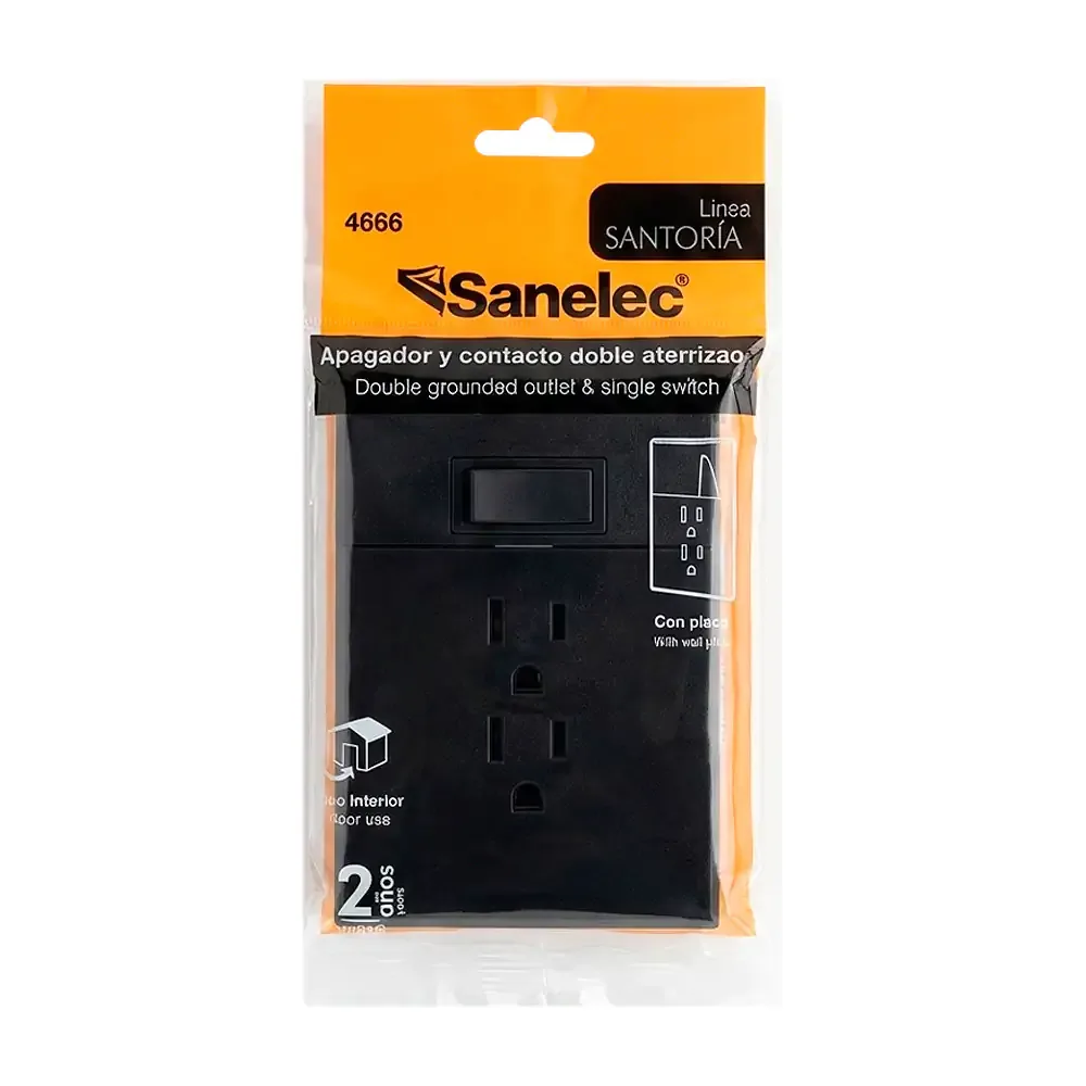 Placa santorini con 1 apagador sencillo + 2 contactos color negro, sanelec